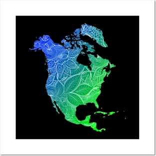 Colorful mandala art map of North America with text in blue and green Posters and Art